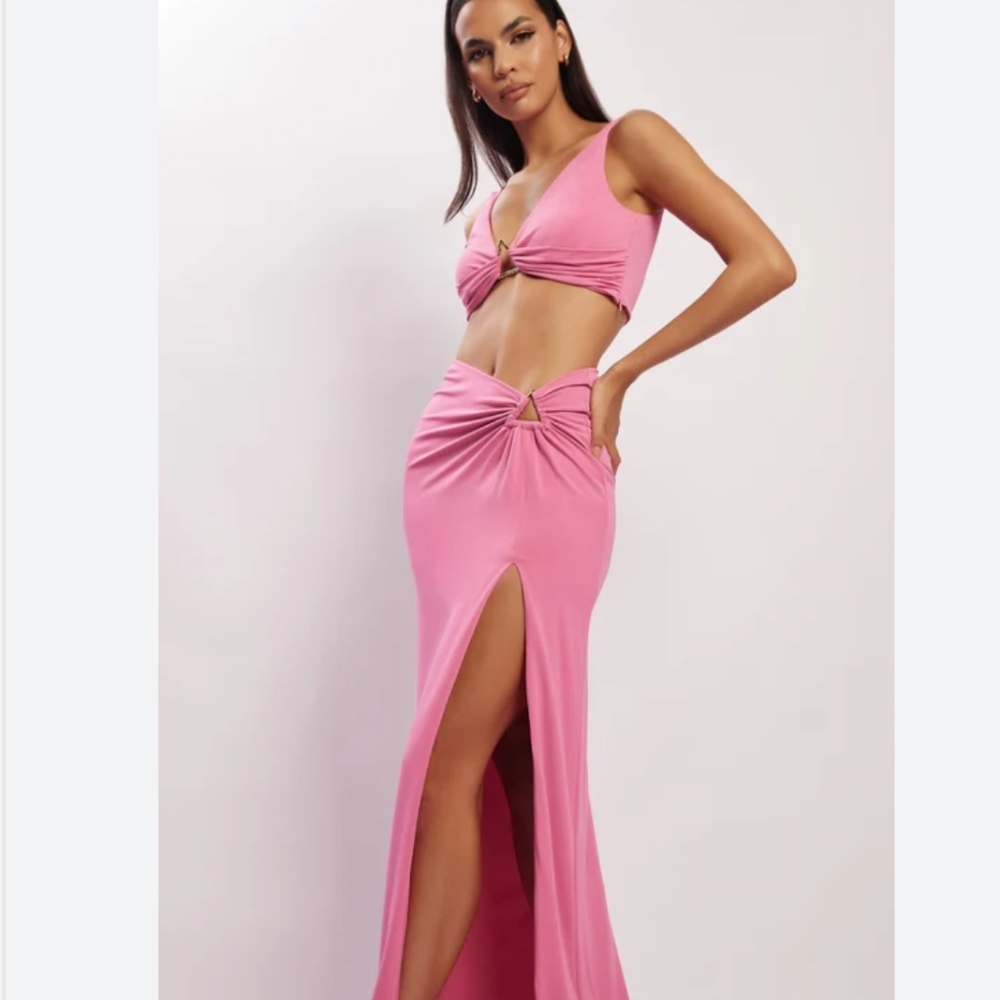 NWT MESHKI Jacqul side split skirt & Jacqui Crop Top Pink Two-Piece Set Size XL